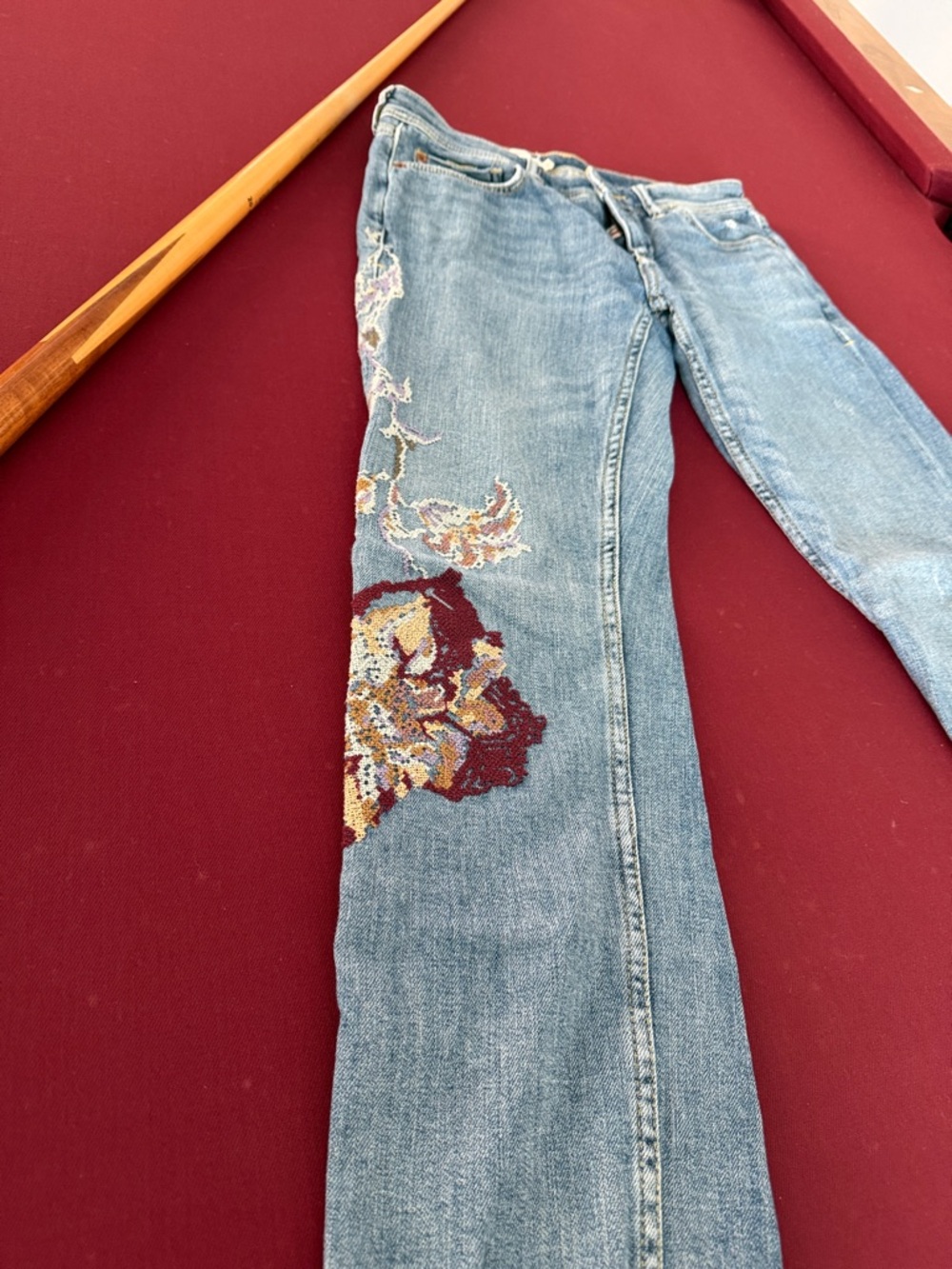 Pilcro Light Blue Straight Leg Jeans with Multicolor Floral Patch - Picture 3 of 3